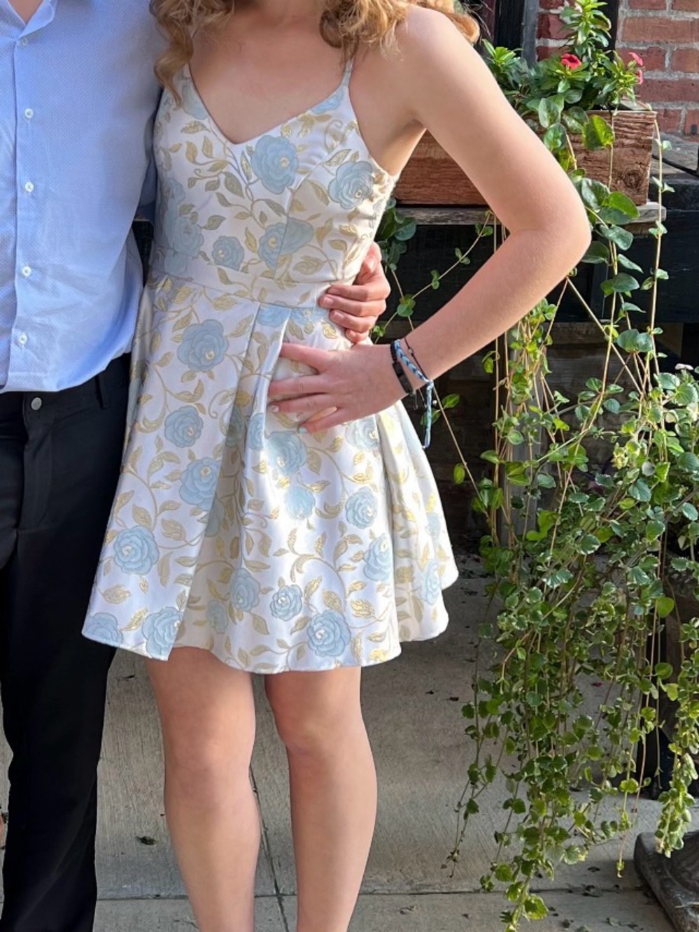 B Darlin White Skater Dress with Light Blue Floral & Gold Leaf